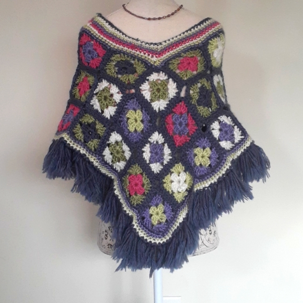 # Vintage Handmade Crochet Granny Square Poncho